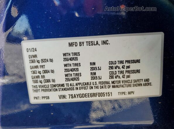 7SAYGDEE6RF005151 2024 TESLA MODEL Blue VIN sticker view