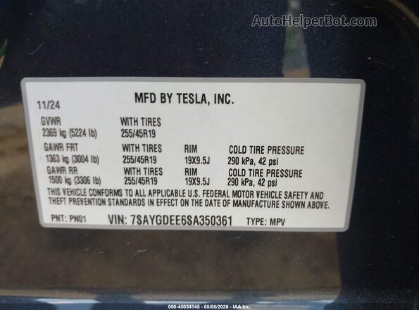 7SAYGDEE6SA350361 2025 TESLA MODEL Y Black Вид підкапотного простору