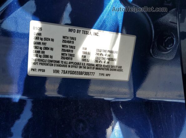 7SAYGDEE6SF305777 2025 TESLA MODEL Blue Vista de la etiqueta del VIN