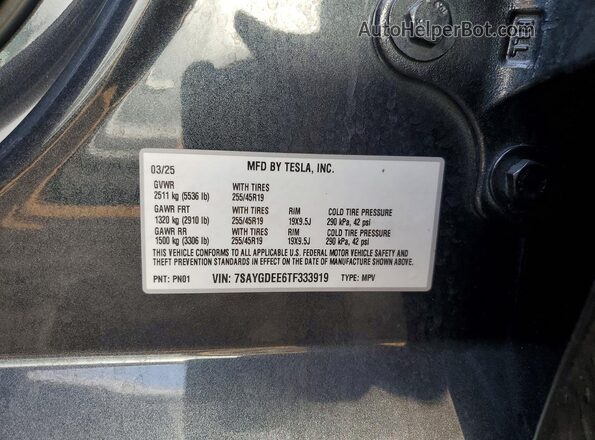 7SAYGDEE6TF333919 2026 TESLA MODEL Charcoal Widok naklejki z numerem VIN