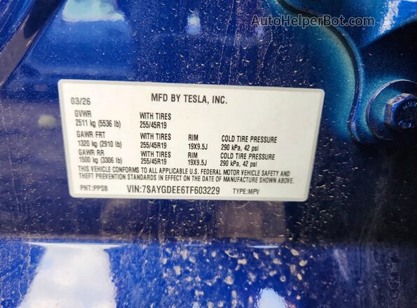 7SAYGDEE6TF603229 2026 TESLA MODEL Blue Вид підкапотного простору