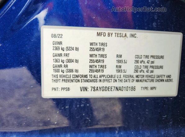7SAYGDEE7NA010186 2022 TESLA MODEL Blue Սալոնի 360 աստիճան տեսք