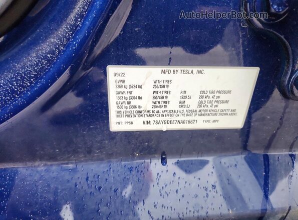 7SAYGDEE7NA016621 2022 TESLA MODEL Синий Вид подкапотного пространства