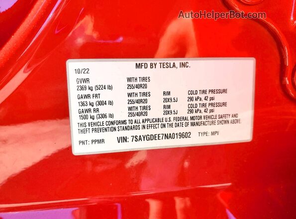 7SAYGDEE7NA019602 2022 TESLA MODEL Red Вид наклейки з VIN-кодом