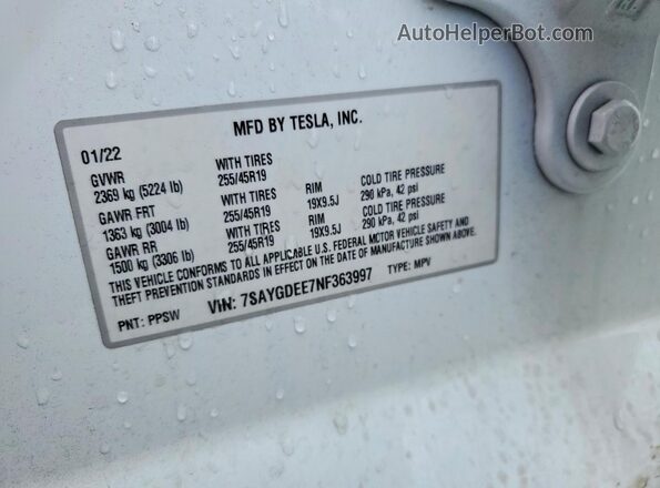 7SAYGDEE7NF363997 2022 TESLA MODEL White VIN կոդի պիտակի տեսք
