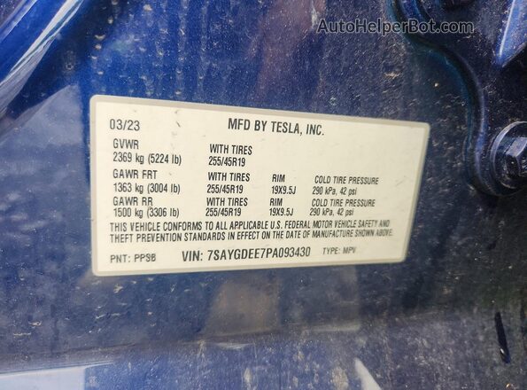 7SAYGDEE7PA093430 2023 TESLA MODEL Blue Vista del compartimento del motor