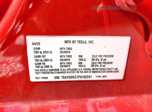7SAYGDEE7PA102241 2023 TESLA MODEL Red Vista de la etiqueta del VIN