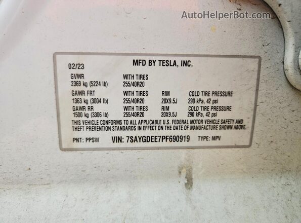 7SAYGDEE7PF690919 2023 TESLA MODEL White VIN կոդի պիտակի տեսք