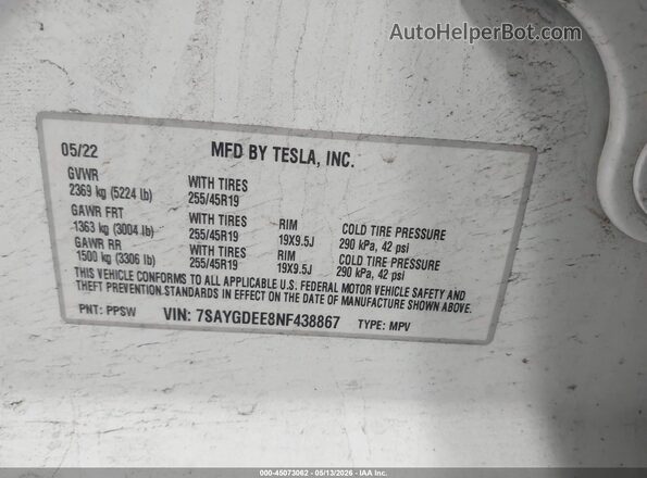 7SAYGDEE8NF438867 2022 TESLA MODEL Y White Engine compartment view