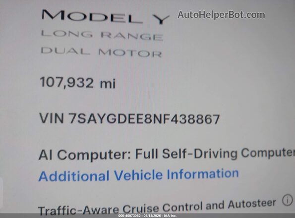 7SAYGDEE8NF438867 2022 TESLA MODEL Y White 