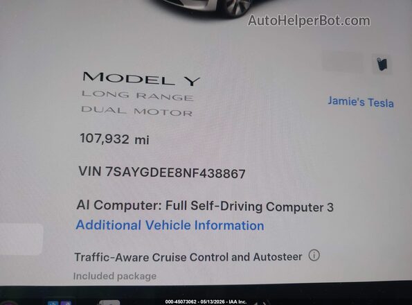 7SAYGDEE8NF438867 2022 TESLA MODEL Y White Rear seats view