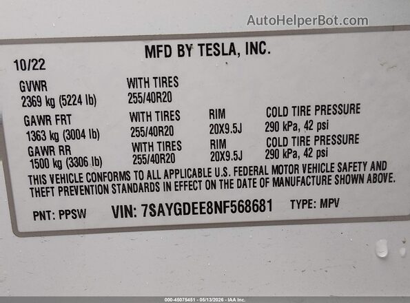 7SAYGDEE8NF568681 2022 TESLA MODEL Y White Շարժիչի բաժամունքի տեսք