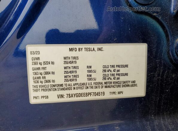 7SAYGDEE8PF704519 2023 TESLA MODEL Blue Вид наклейки з VIN-кодом