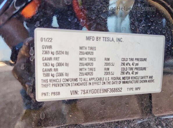 7SAYGDEE9NF368652 2022 TESLA MODEL Black Սալոնի 360 աստիճան տեսք