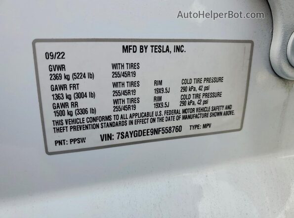 7SAYGDEE9NF558760 2022 TESLA MODEL White 360 interior view