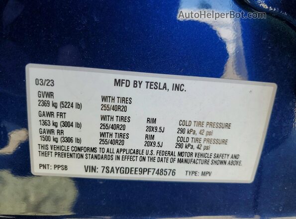 7SAYGDEE9PF748576 2023 TESLA MODEL Blue Engine compartment view