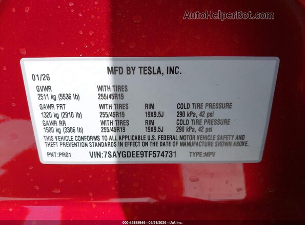 7SAYGDEE9TF574731 2026 TESLA MODEL Y Red Շարժիչի բաժամունքի տեսք