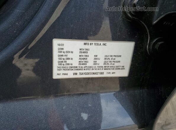 7SAYGDEEXNA021988 2022 TESLA MODEL Серый Вид наклейки с VIN-кодом