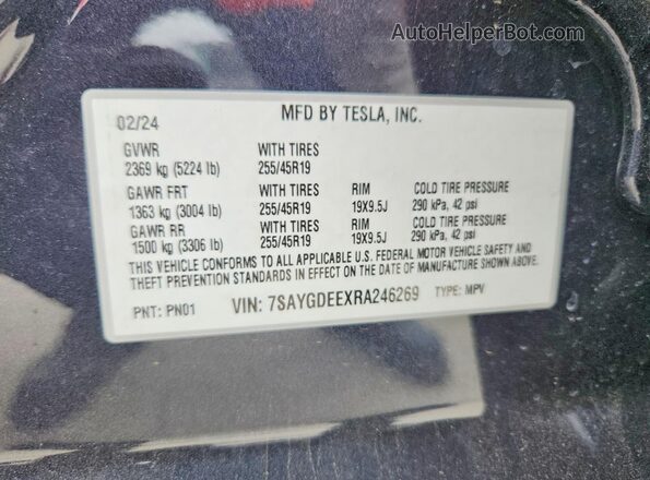 7SAYGDEEXRA246269 2024 TESLA MODEL Gray Widok naklejki z numerem VIN