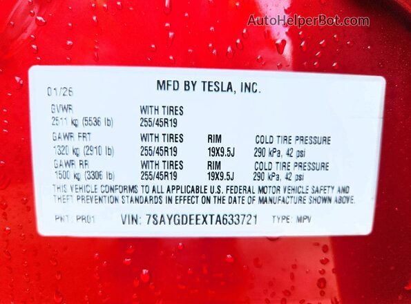 7SAYGDEEXTA633721 2026 TESLA MODEL Red Вид наклейки з VIN-кодом