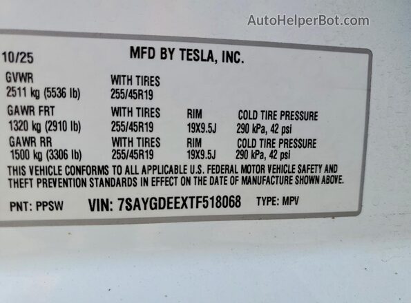 7SAYGDEEXTF518068 2026 TESLA MODEL White Vista del compartimento del motor