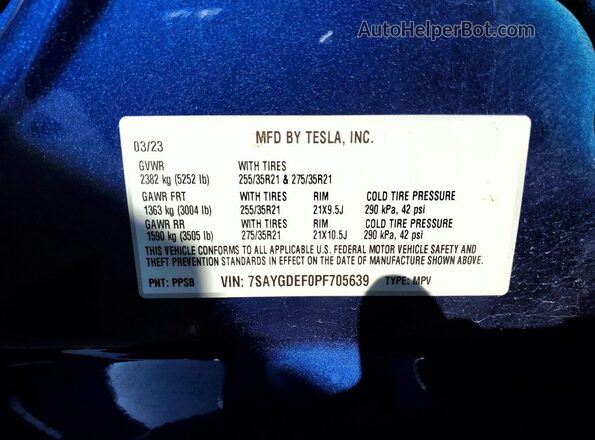 7SAYGDEF0PF705639 2023 TESLA MODEL Синий Вид наклейки с VIN-кодом