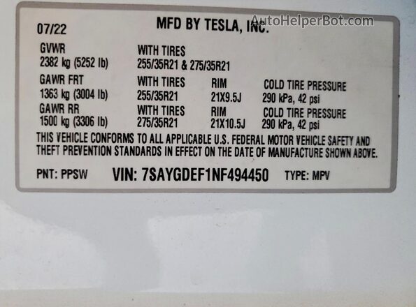 7SAYGDEF1NF494450 2022 TESLA MODEL White Engine compartment view