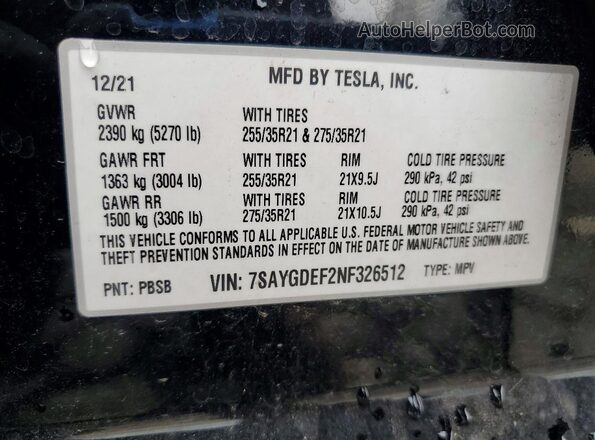 7SAYGDEF2NF326512 2022 TESLA MODEL Black Vista de la etiqueta del VIN