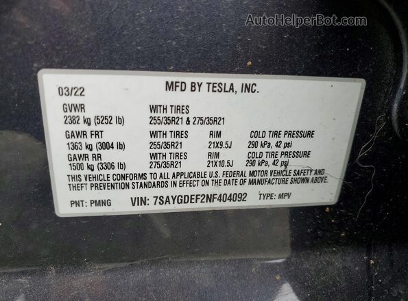 7SAYGDEF2NF404092 2022 TESLA MODEL Gray Vista de la etiqueta del VIN