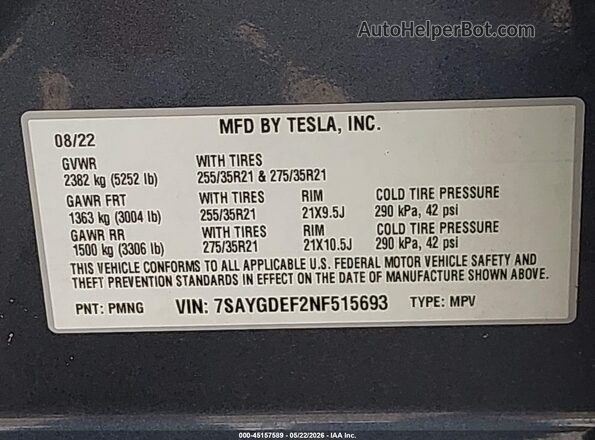 7SAYGDEF2NF515693 2022 TESLA MODEL Y Gray Widok komory silnika