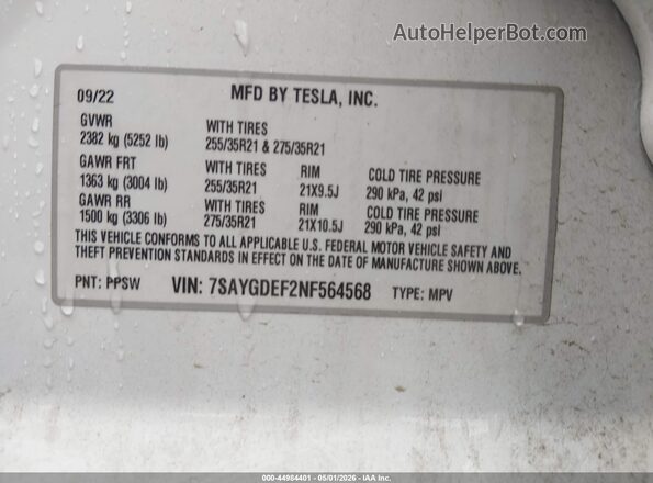 7SAYGDEF2NF564568 2022 TESLA MODEL Y White ძრავის განყოფილების ხედი