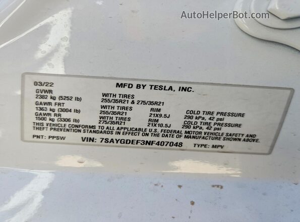 7SAYGDEF3NF407048 2022 TESLA MODEL Белый Вид наклейки с VIN-кодом