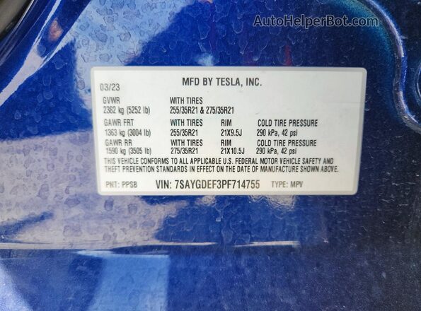 7SAYGDEF3PF714755 2023 TESLA MODEL Blue Vista de la etiqueta del VIN