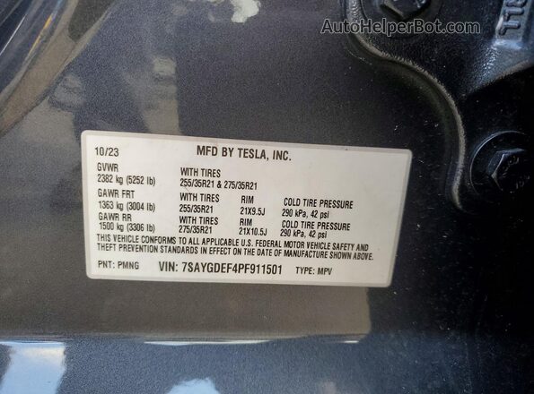 7SAYGDEF4PF911501 2023 TESLA MODEL Gray 360 interior view