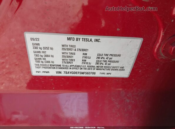 7SAYGDEF5NF563706 2022 TESLA MODEL Y Red Vista del compartimento del motor