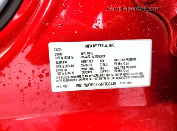 7SAYGDEF5RF033449 2024 TESLA MODEL Красный Вид наклейки с VIN-кодом