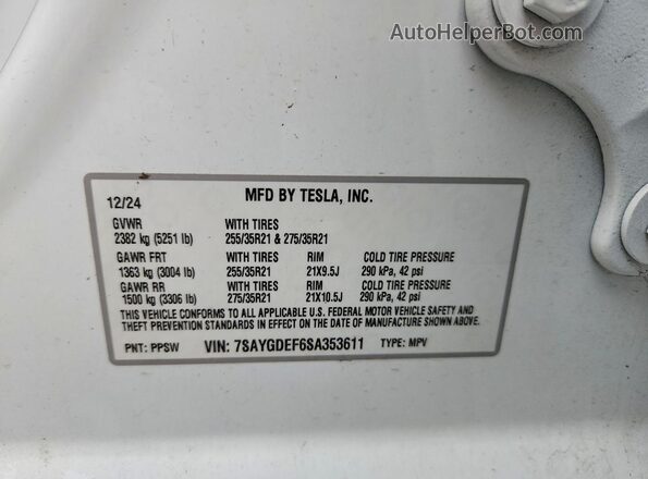 7SAYGDEF6SA353611 2025 TESLA MODEL White VIN sticker view
