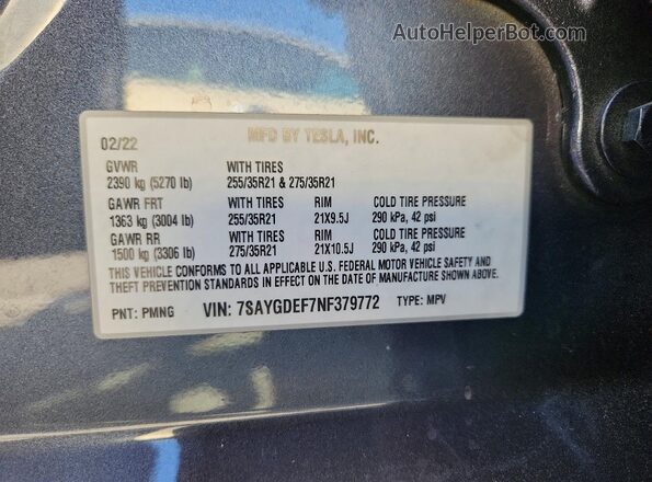 7SAYGDEF7NF379772 2022 TESLA MODEL Gray Панорамний вид салону 360°