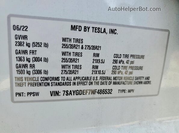 7SAYGDEF7NF486532 2022 TESLA MODEL White Вид наклейки з VIN-кодом