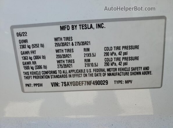 7SAYGDEF7NF490029 2022 TESLA MODEL White Vista del compartimento del motor