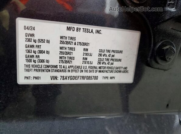 7SAYGDEF7RF085780 2024 TESLA MODEL Gray Vista de la etiqueta del VIN