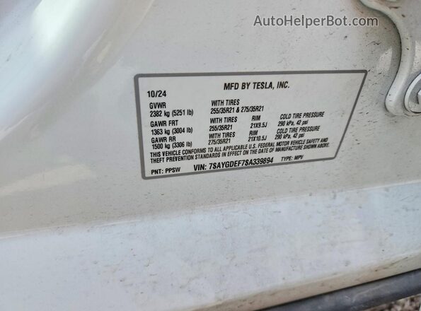 7SAYGDEF7SA339894 2025 TESLA MODEL White VIN sticker view