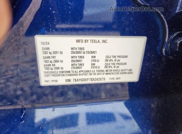 7SAYGDEF7SA342679 2025 TESLA MODEL Blue Engine compartment view