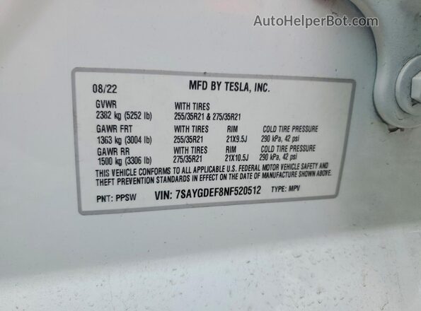 7SAYGDEF8NF520512 2022 TESLA MODEL White Vista del compartimento del motor