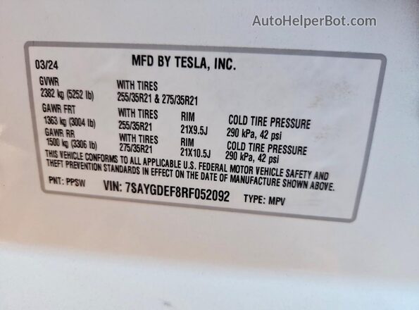 7SAYGDEF8RF052092 2024 TESLA MODEL White Vista interior de 360 grados