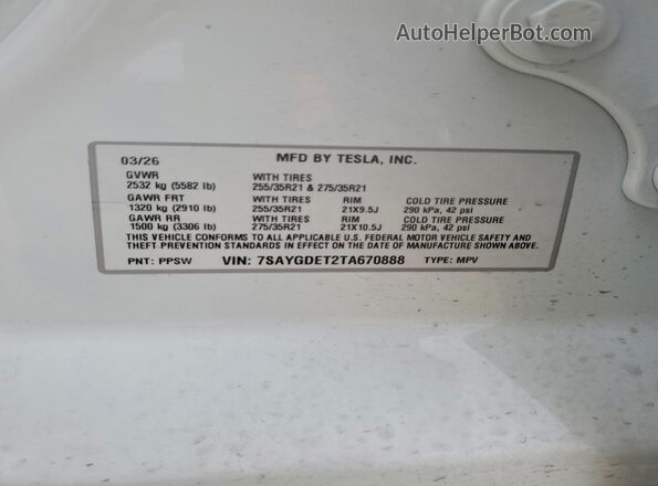 7SAYGDET2TA670888 2026 TESLA MODEL White Вид підкапотного простору