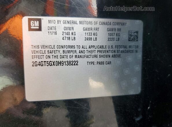 2G4GT5GX0H9138222 2017 BUICK REGAL Черный Вид наклейки с VIN-кодом