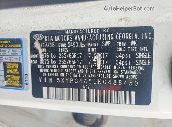 5XYPG4A51KG488450 2019 KIA SORENTO White Vista de la etiqueta del VIN