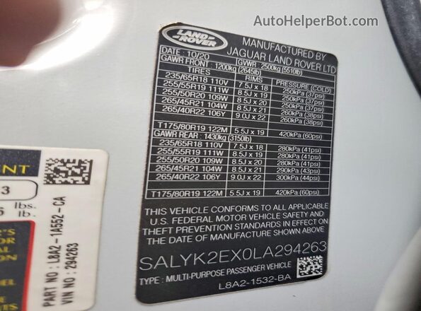 SALYK2EX0LA294263 2020 LAND ROVER RANGE Белый Панорамный вид салона 360°