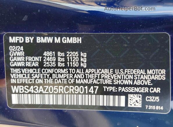WBS43AZ05RCR90147 2024 BMW M4 Синий Вид наклейки с VIN-кодом
